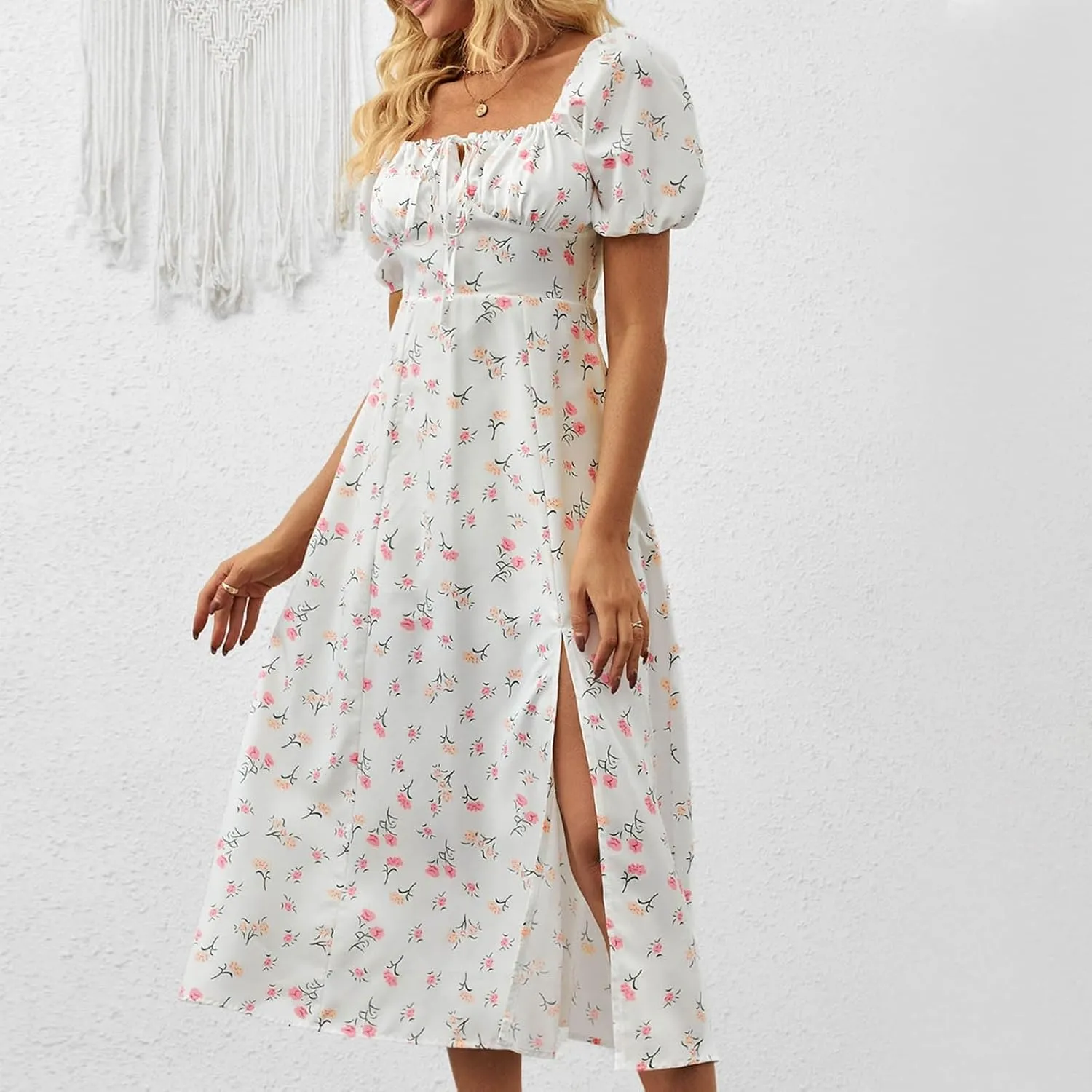 Floral Dress for Women Summer Smocked Beach Flowy Boho Dress Casual Square Neck Puff Short Sleeve Modest Dresses