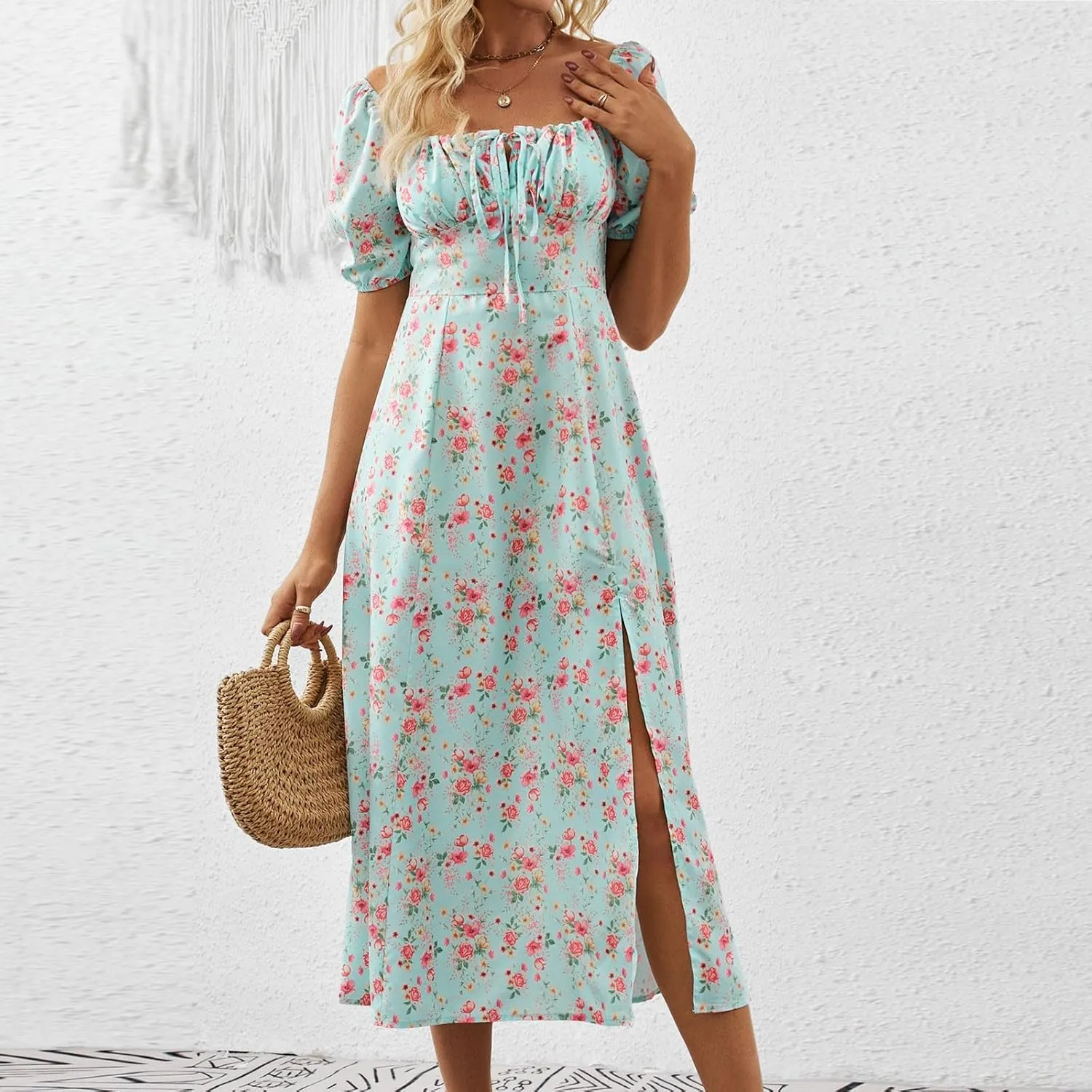 Floral Dress for Women Summer Smocked Beach Flowy Boho Dress Casual Square Neck Puff Short Sleeve Modest Dresses