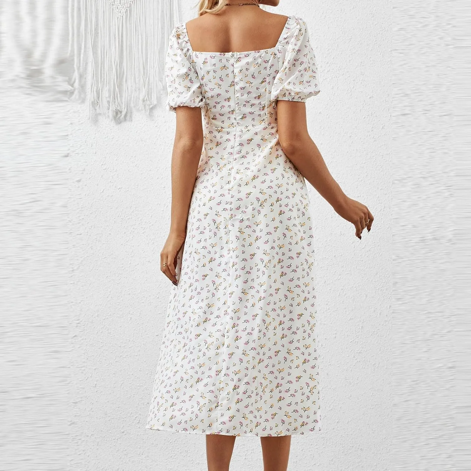 Floral Dress for Women Summer Smocked Beach Flowy Boho Dress Casual Square Neck Puff Short Sleeve Modest Dresses