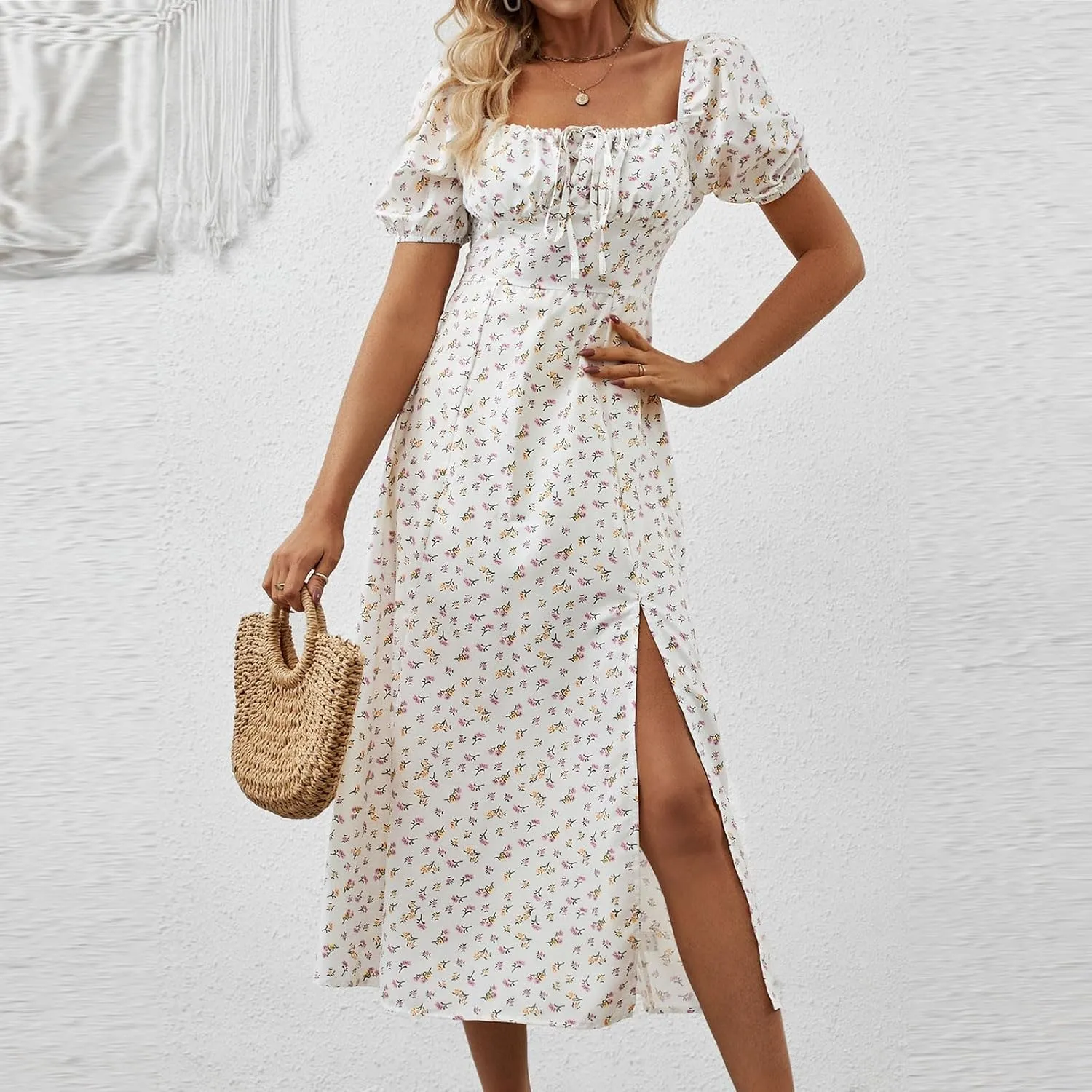 Floral Dress for Women Summer Smocked Beach Flowy Boho Dress Casual Square Neck Puff Short Sleeve Modest Dresses