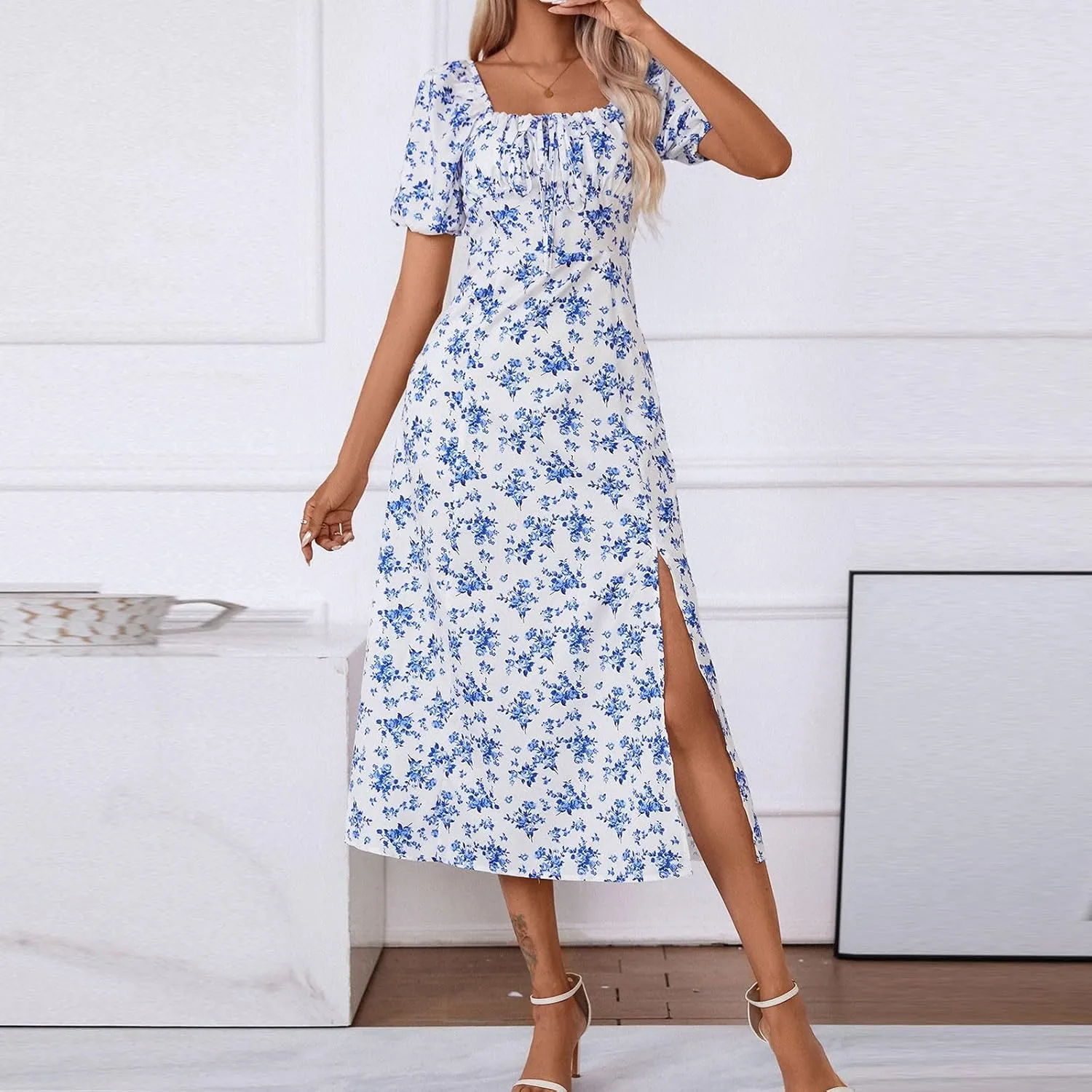 Floral Dress for Women Summer Smocked Beach Flowy Boho Dress Casual Square Neck Puff Short Sleeve Modest Dresses