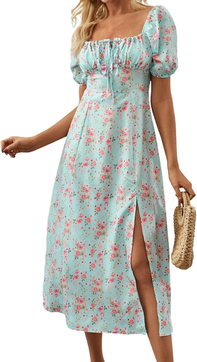 Floral Dress for Women Summer Smocked Beach Flowy Boho Dress Casual Square Neck Puff Short Sleeve Modest Dresses