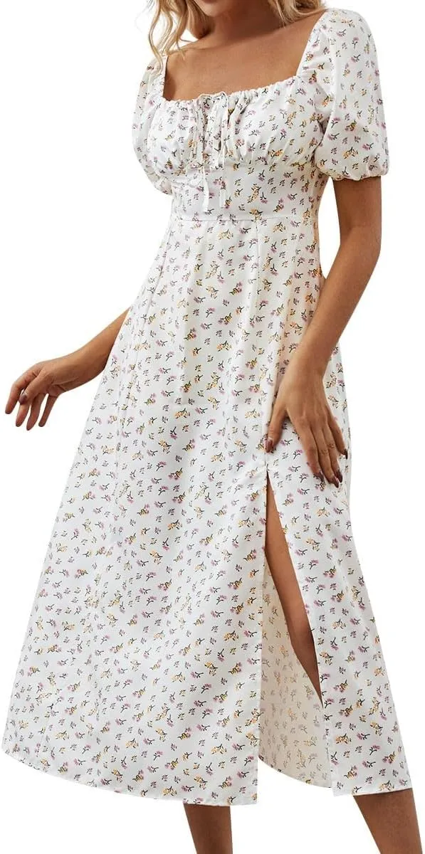 Floral Dress for Women Summer Smocked Beach Flowy Boho Dress Casual Square Neck Puff Short Sleeve Modest Dresses