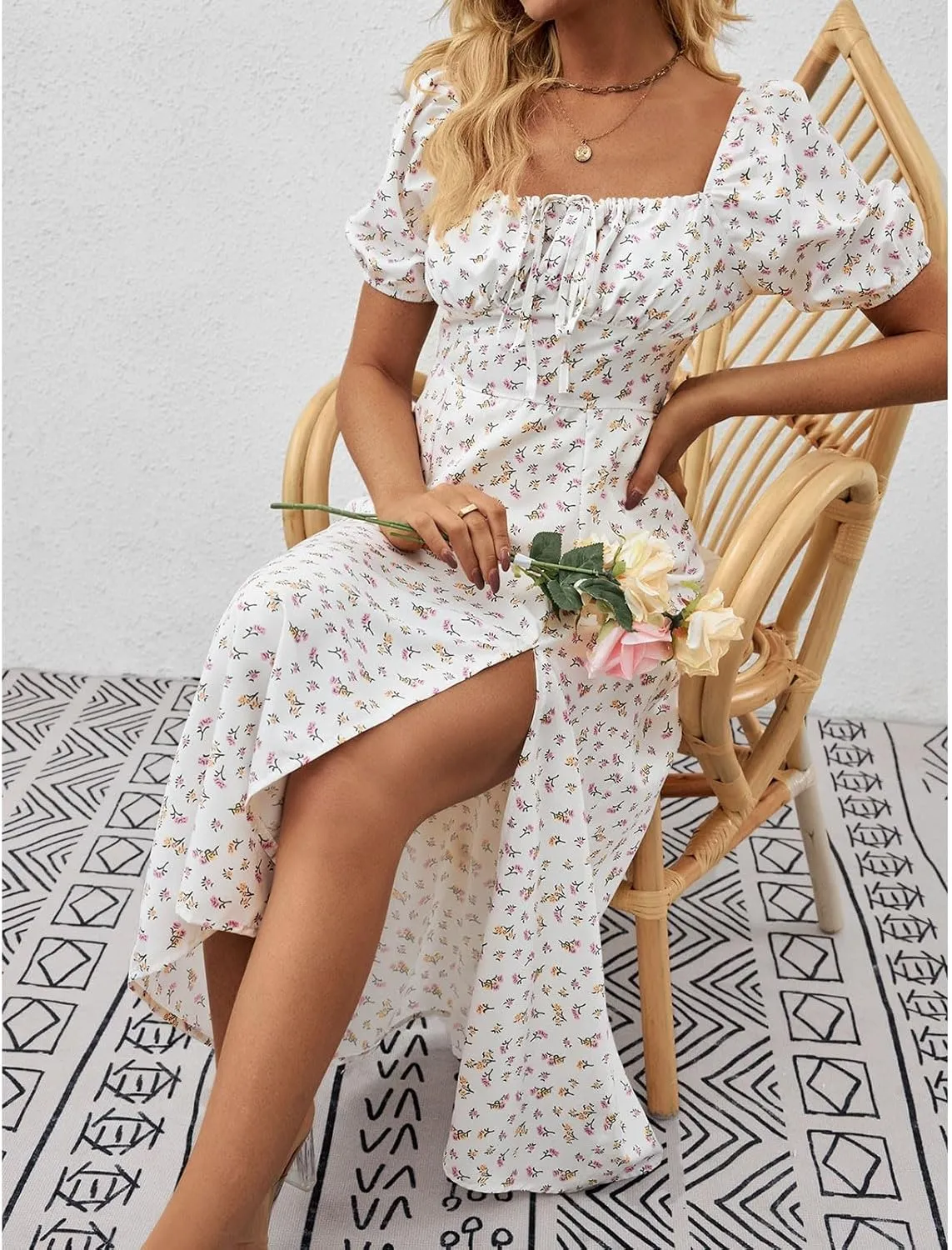 Floral Dress for Women Summer Smocked Beach Flowy Boho Dress Casual Square Neck Puff Short Sleeve Modest Dresses