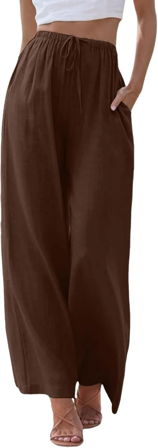 Flowy Pants for Women Wide Leg Cotton Linen Pants High Waist Summer Pants Beach Drawstring Pant Trousers