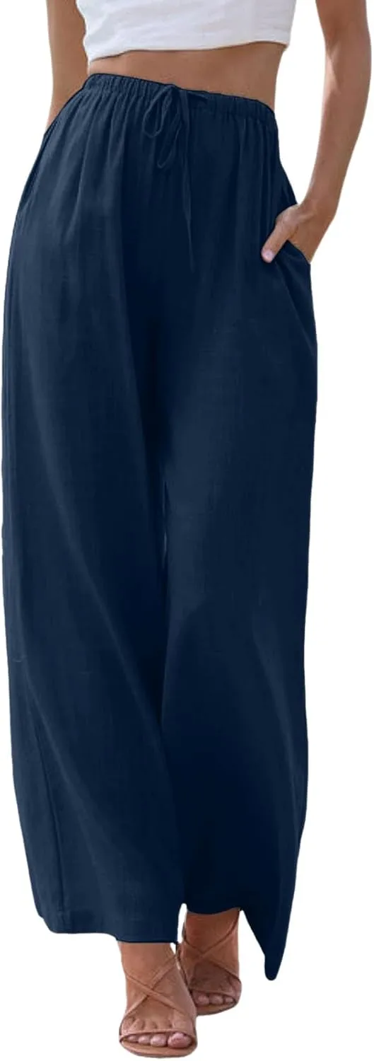 Flowy Pants for Women Wide Leg Cotton Linen Pants High Waist Summer Pants Beach Drawstring Pant Trousers