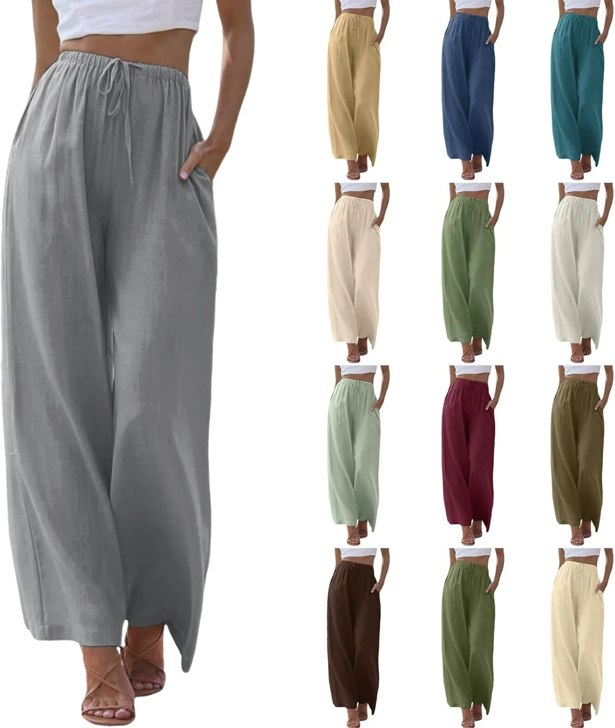 Flowy Pants for Women Wide Leg Cotton Linen Pants High Waist Summer Pants Beach Drawstring Pant Trousers