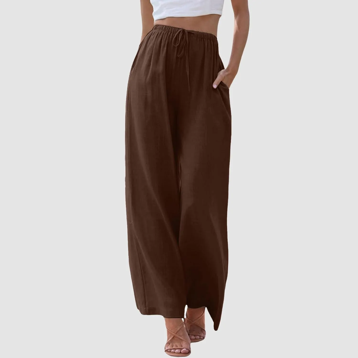 Flowy Pants for Women Wide Leg Cotton Linen Pants High Waist Summer Pants Beach Drawstring Pant Trousers