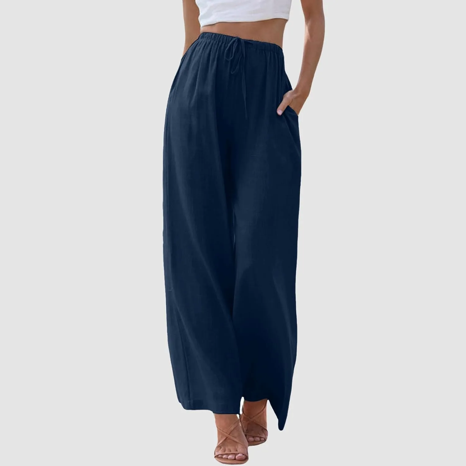 Flowy Pants for Women Wide Leg Cotton Linen Pants High Waist Summer Pants Beach Drawstring Pant Trousers