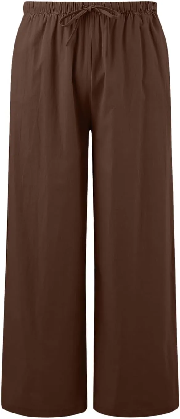 Flowy Pants for Women Wide Leg Cotton Linen Pants High Waist Summer Pants Beach Drawstring Pant Trousers