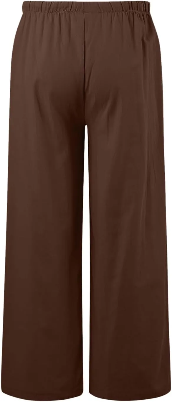 Flowy Pants for Women Wide Leg Cotton Linen Pants High Waist Summer Pants Beach Drawstring Pant Trousers
