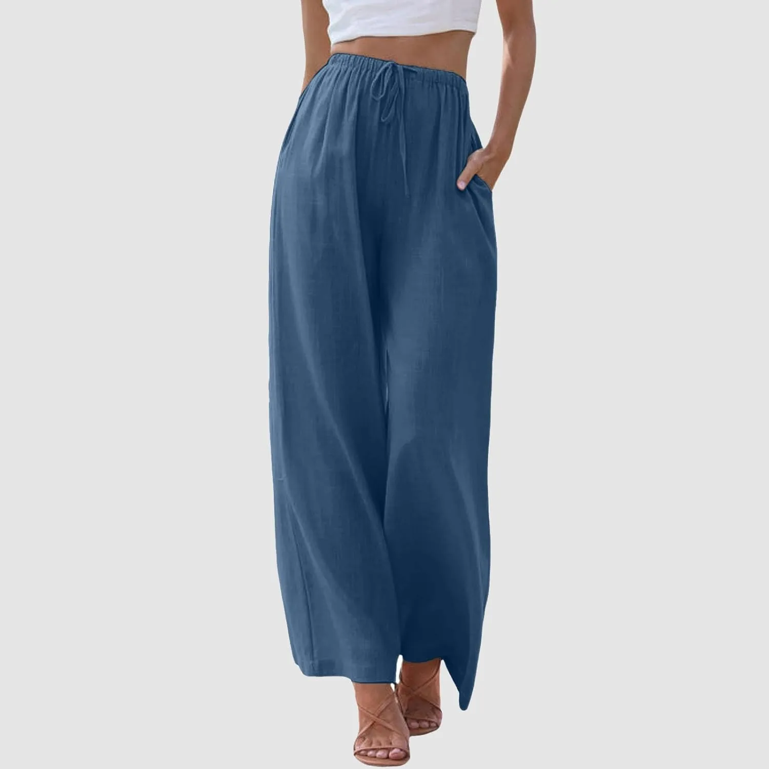 Flowy Pants for Women Wide Leg Cotton Linen Pants High Waist Summer Pants Beach Drawstring Pant Trousers