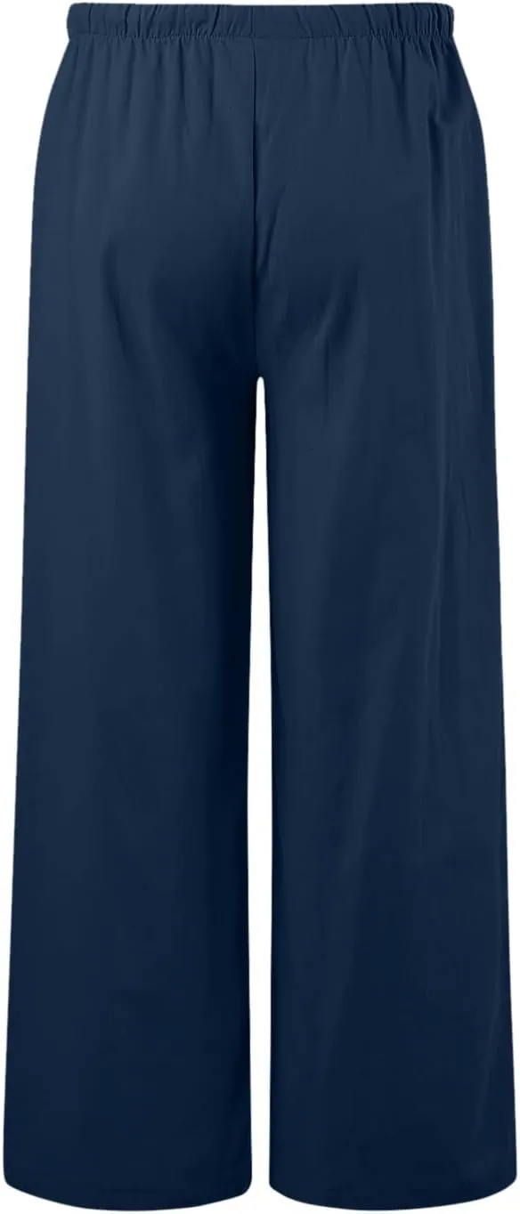 Flowy Pants for Women Wide Leg Cotton Linen Pants High Waist Summer Pants Beach Drawstring Pant Trousers