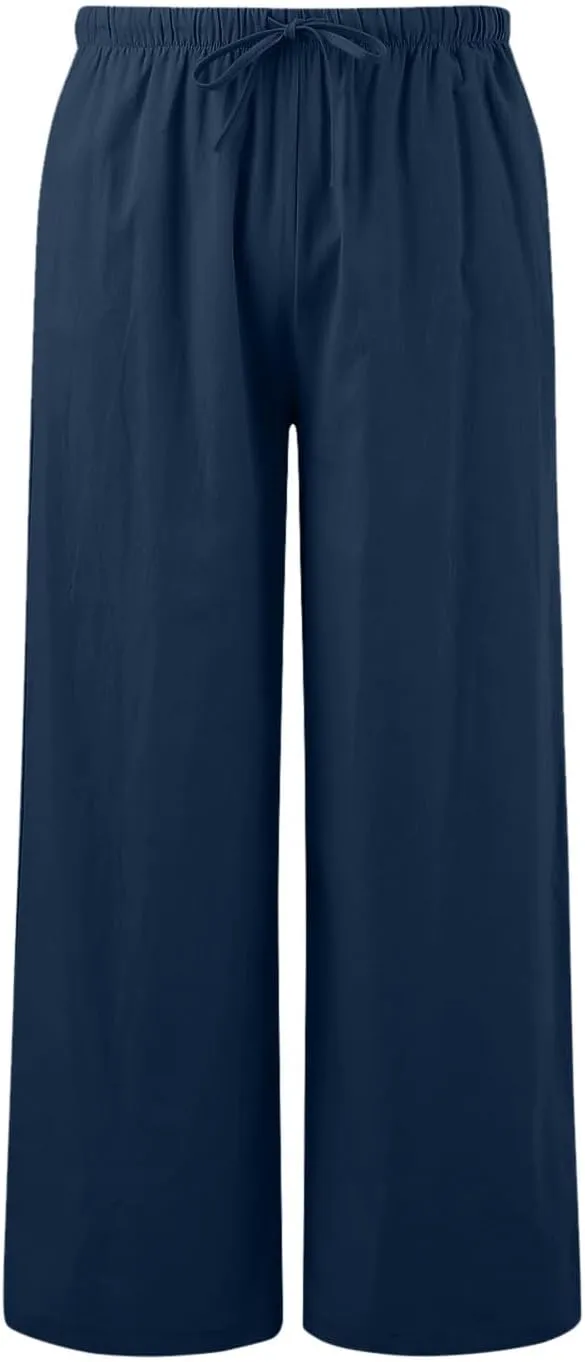 Flowy Pants for Women Wide Leg Cotton Linen Pants High Waist Summer Pants Beach Drawstring Pant Trousers