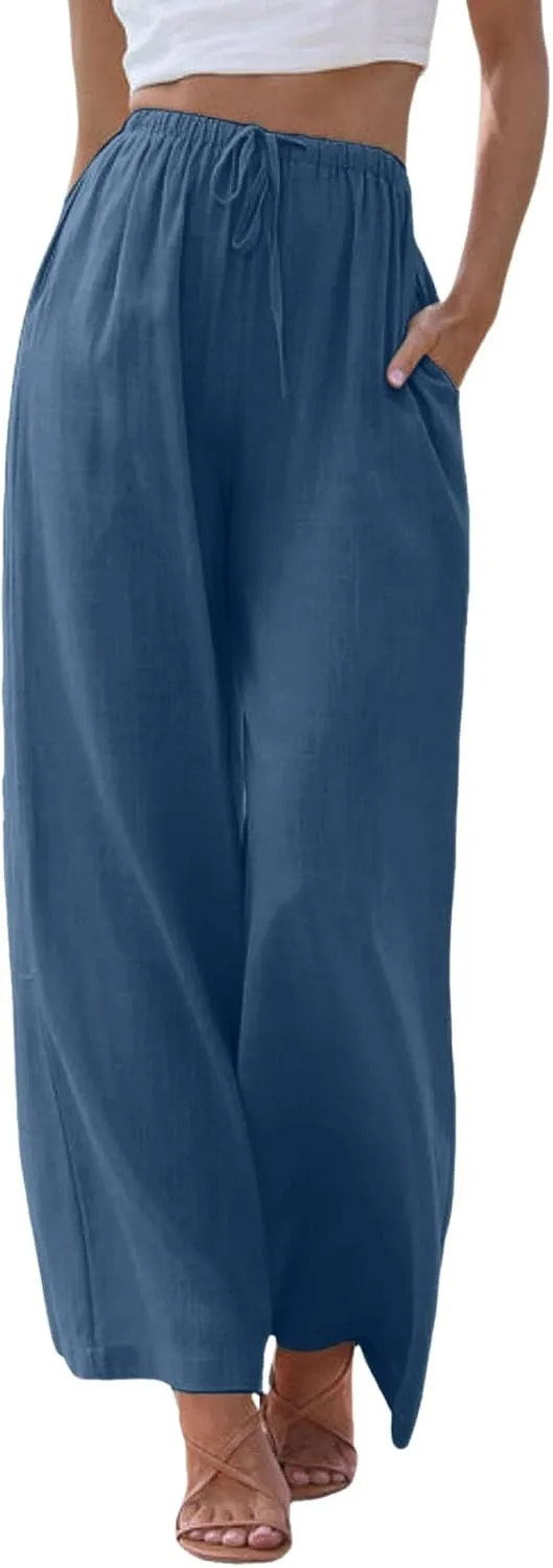 Flowy Pants for Women Wide Leg Cotton Linen Pants High Waist Summer Pants Beach Drawstring Pant Trousers