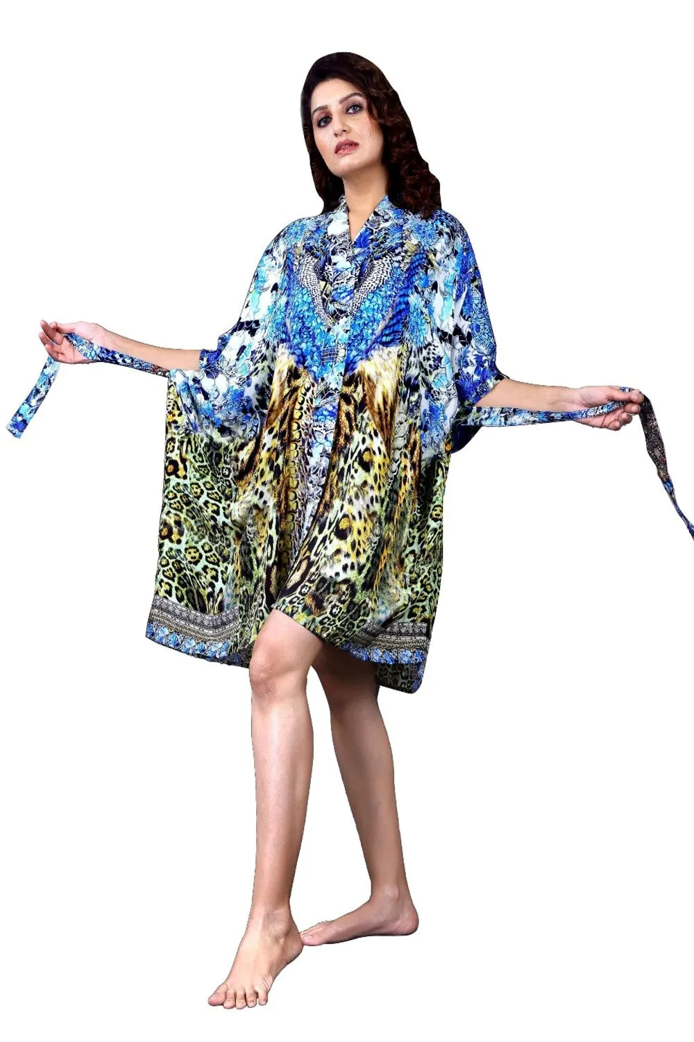 Fusion of Animal and Porcelain print Silk Party Wear Kaftan kimono silk robe