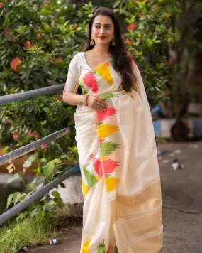 Glamorous Off White Soft Silk Saree With Desiring Blouse Piece