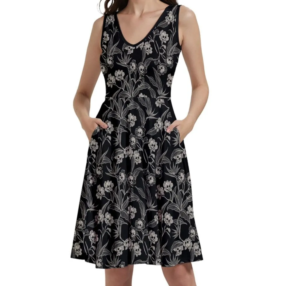 Gothic Floral Skater Dress With Pockets