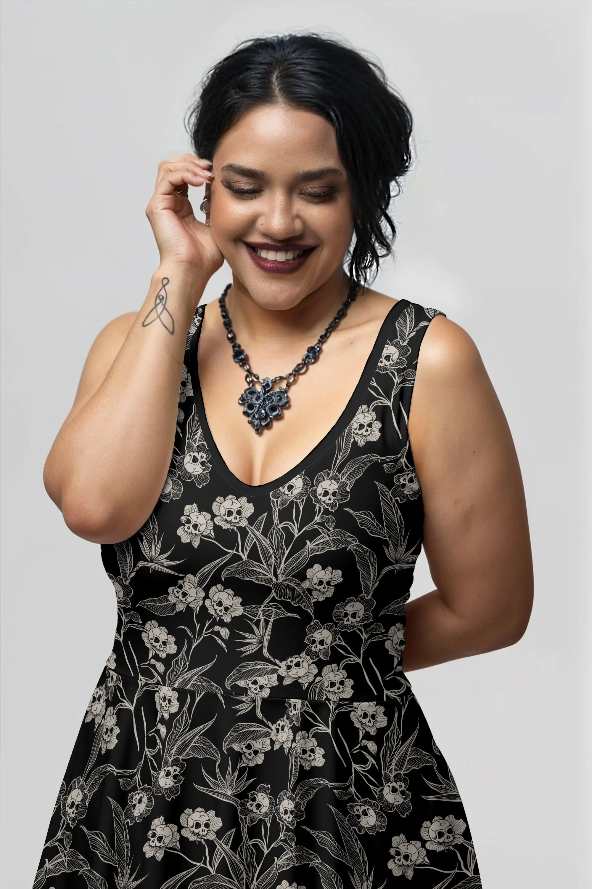 Gothic Floral Skater Dress With Pockets