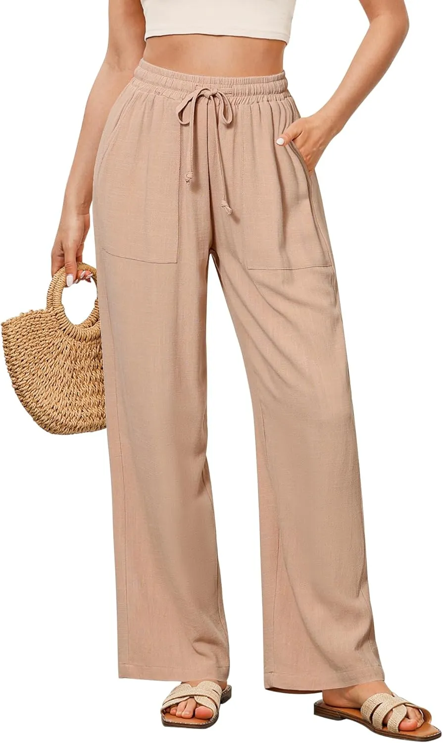 GRAPENT Linen Pants for Women Wide Leg High Waisted Baggy Drawstring Elastic Waist Palazzo Trousers Pants with Pockets