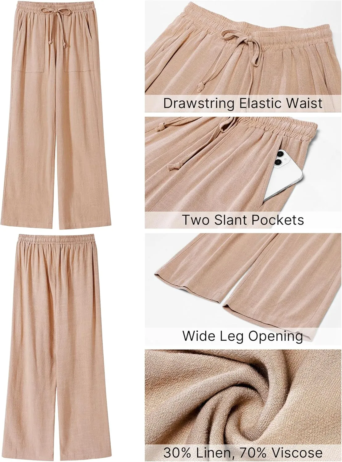 GRAPENT Linen Pants for Women Wide Leg High Waisted Baggy Drawstring Elastic Waist Palazzo Trousers Pants with Pockets