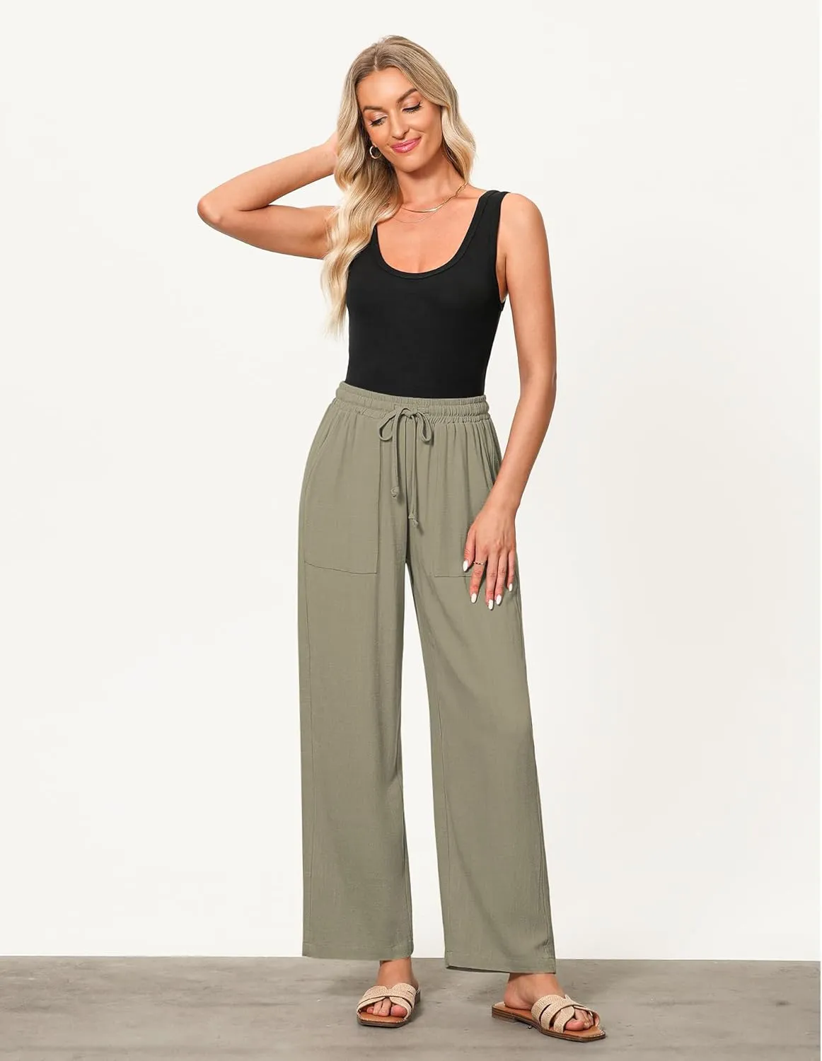 GRAPENT Linen Pants for Women Wide Leg High Waisted Baggy Drawstring Elastic Waist Palazzo Trousers Pants with Pockets