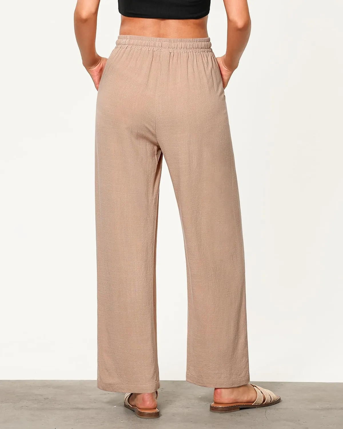 GRAPENT Linen Pants for Women Wide Leg High Waisted Baggy Drawstring Elastic Waist Palazzo Trousers Pants with Pockets
