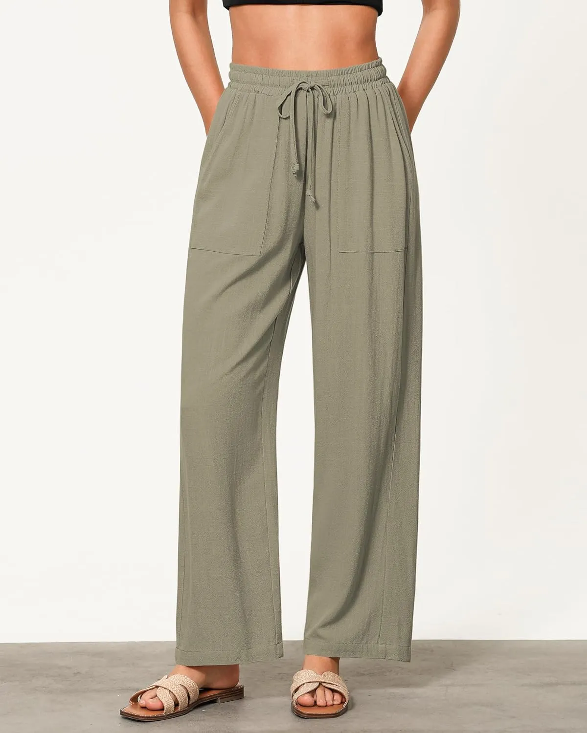 GRAPENT Linen Pants for Women Wide Leg High Waisted Baggy Drawstring Elastic Waist Palazzo Trousers Pants with Pockets