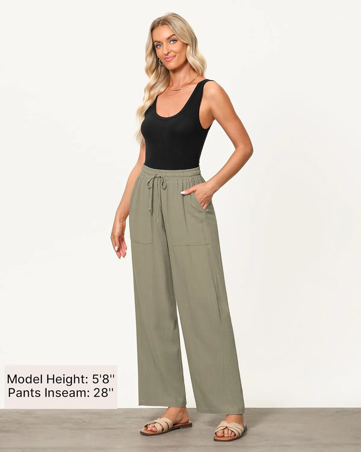 GRAPENT Linen Pants for Women Wide Leg High Waisted Baggy Drawstring Elastic Waist Palazzo Trousers Pants with Pockets