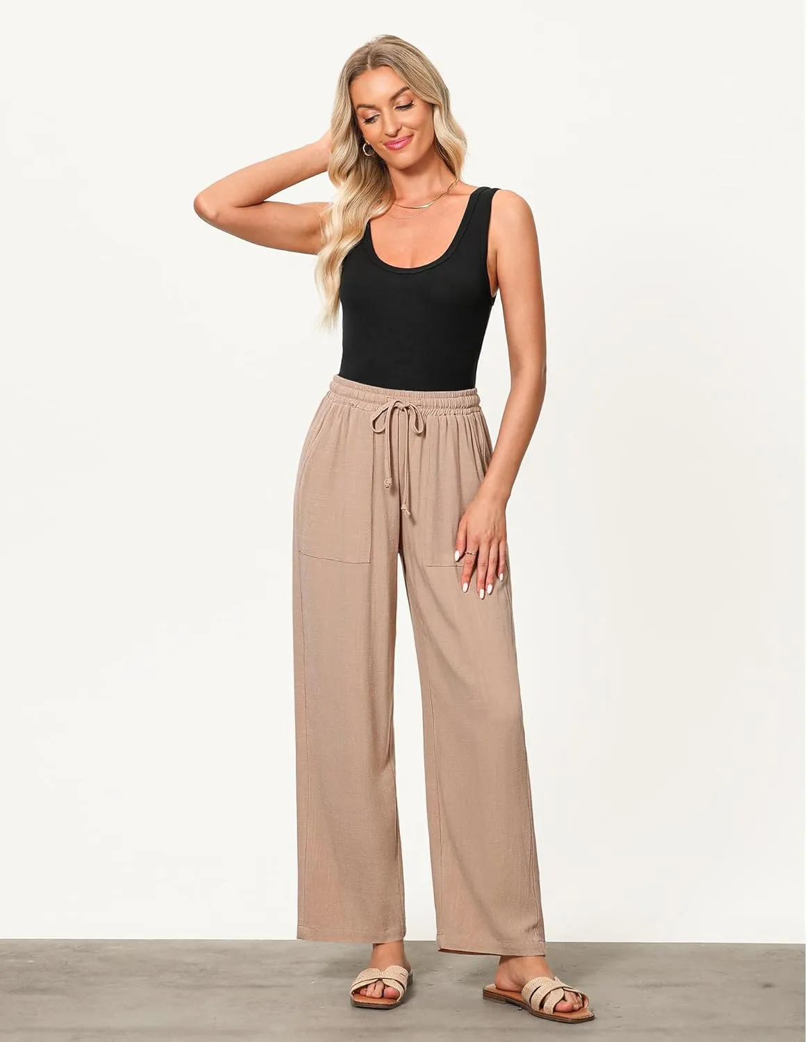 GRAPENT Linen Pants for Women Wide Leg High Waisted Baggy Drawstring Elastic Waist Palazzo Trousers Pants with Pockets