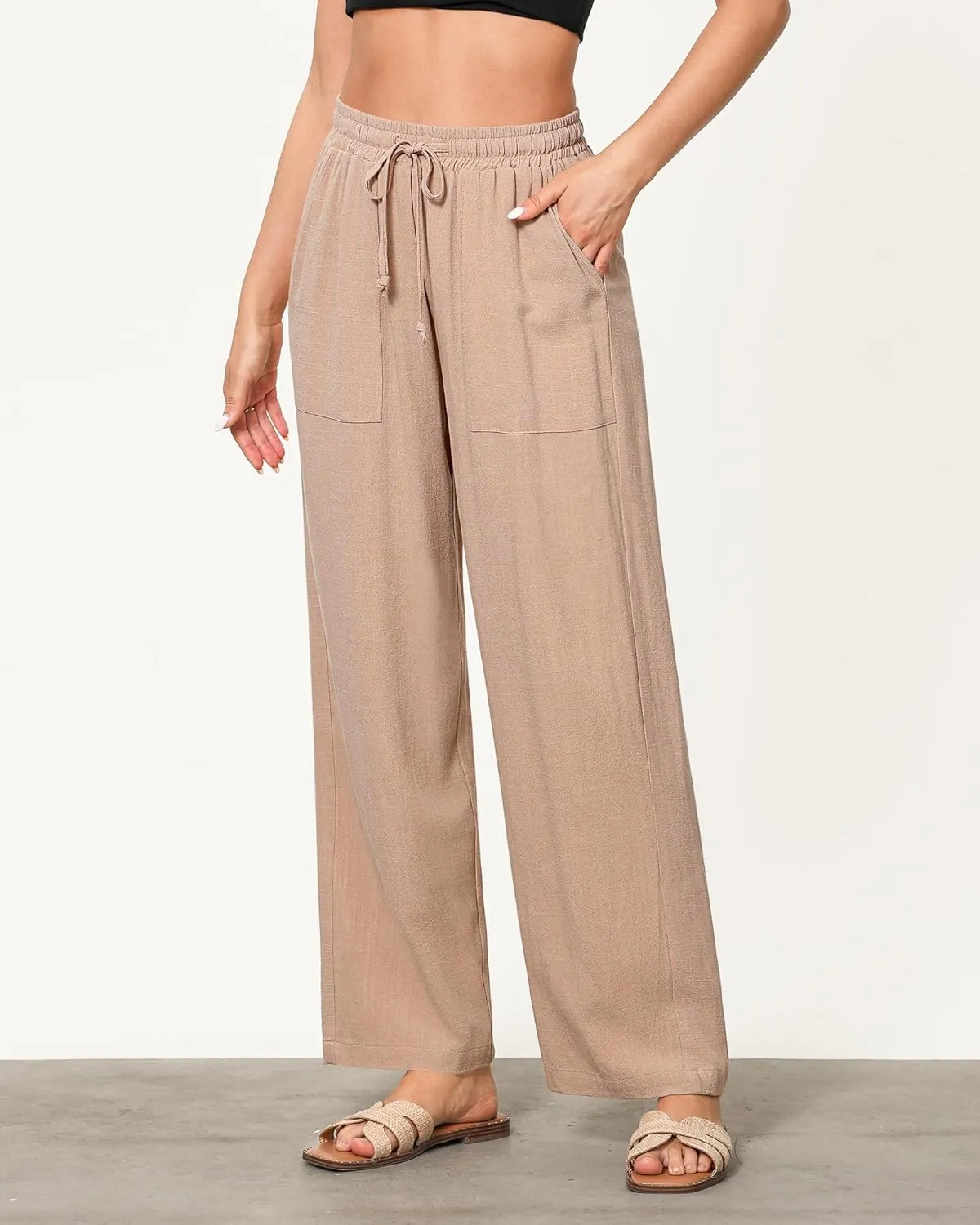 GRAPENT Linen Pants for Women Wide Leg High Waisted Baggy Drawstring Elastic Waist Palazzo Trousers Pants with Pockets
