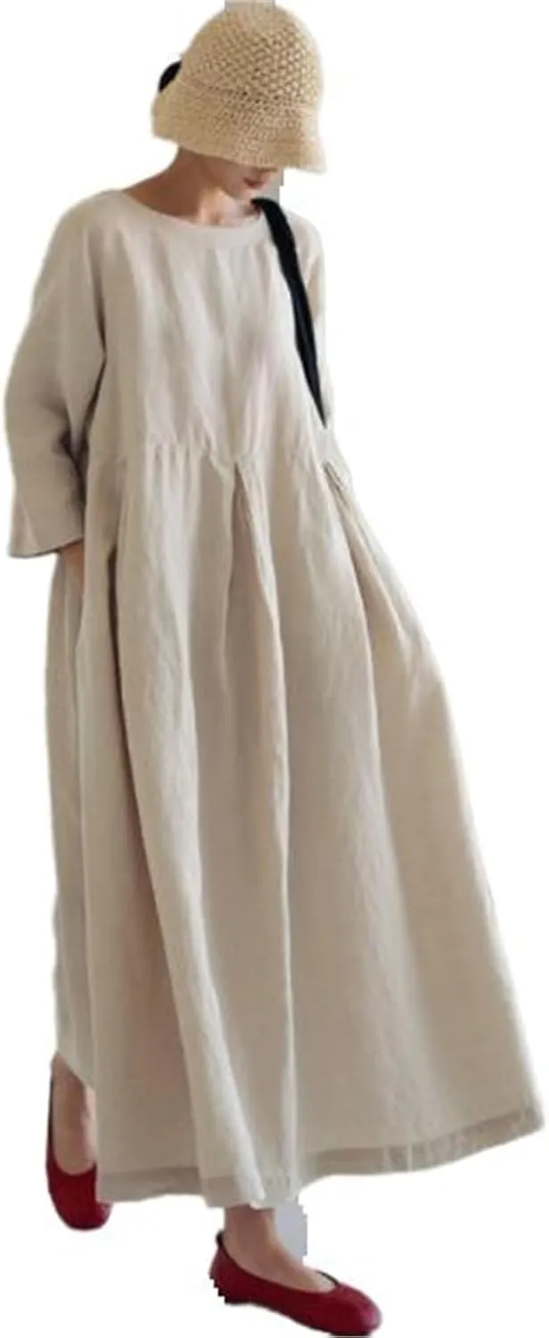 GUOYUXIAO Women's Cotton Dress Round Neck Loose Long Skirt