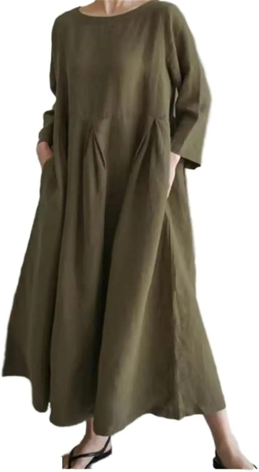GUOYUXIAO Women's Cotton Dress Round Neck Loose Long Skirt
