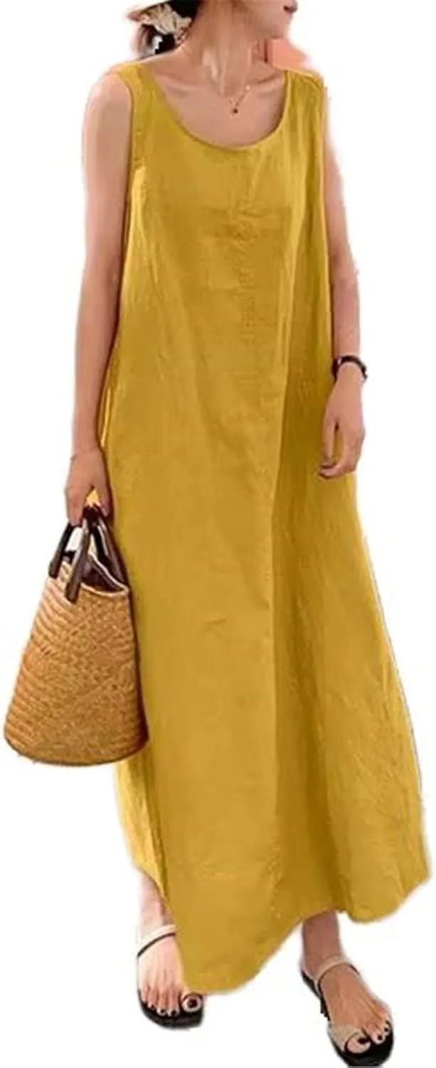 GUOYUXIAO Women's Cotton Dress Round Neck Pocket Skirt