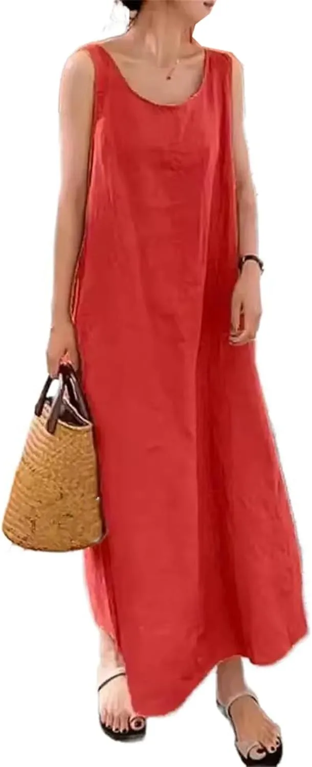 GUOYUXIAO Women's Cotton Dress Round Neck Pocket Skirt