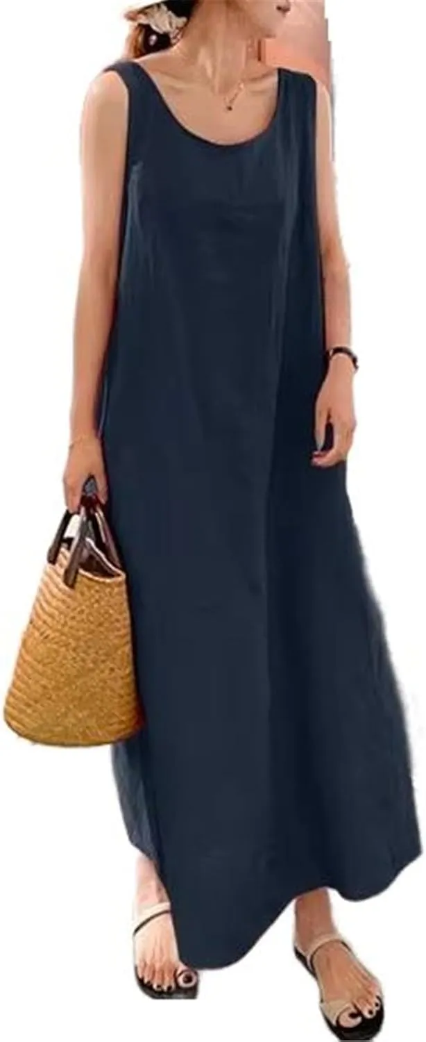 GUOYUXIAO Women's Cotton Dress Round Neck Pocket Skirt