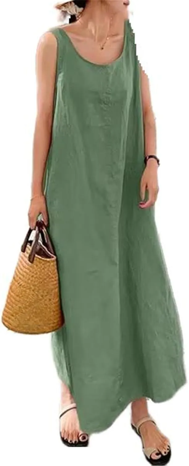 GUOYUXIAO Women's Cotton Dress Round Neck Pocket Skirt