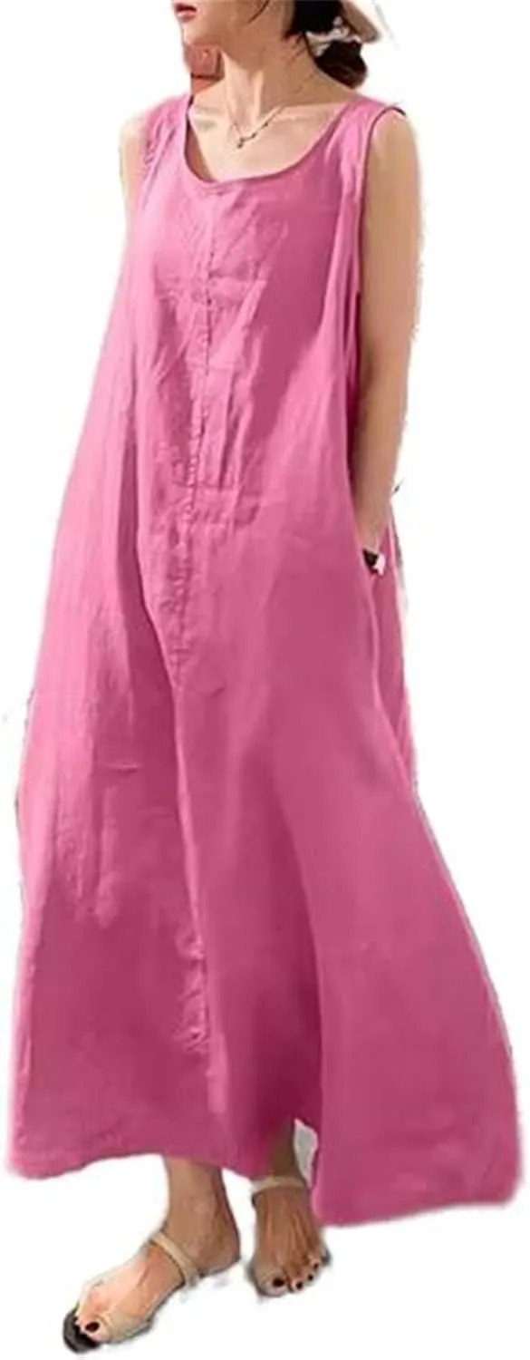 GUOYUXIAO Women's Cotton Dress Round Neck Pocket Skirt