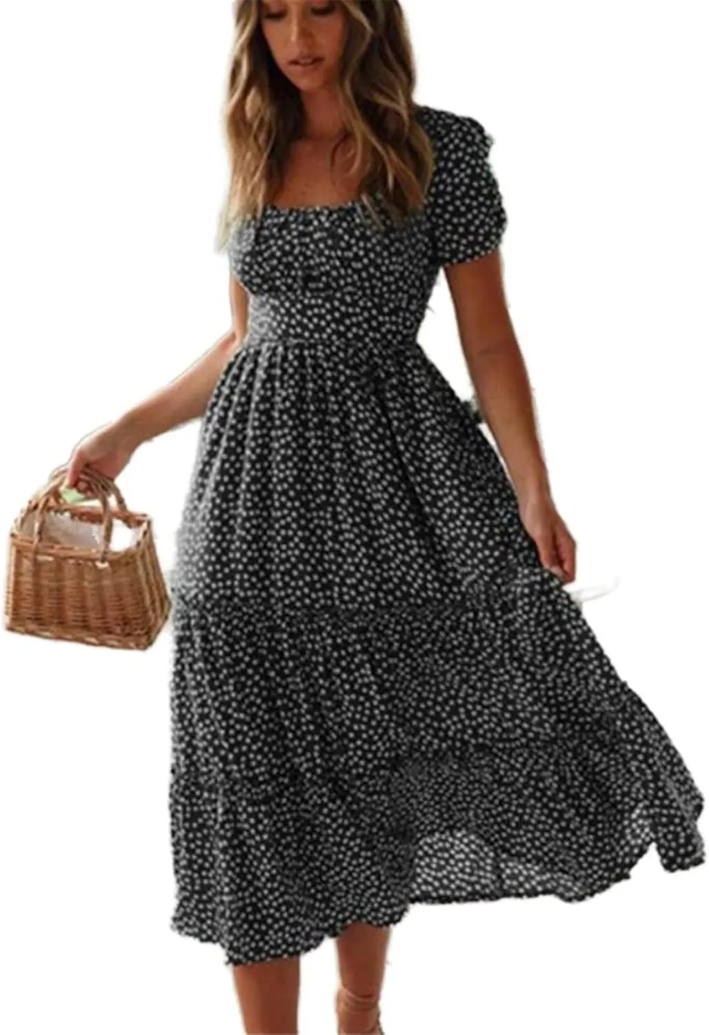 GUOYUXIAO Women's Vintage Dress Puff Sleeves Square Collar Skirt