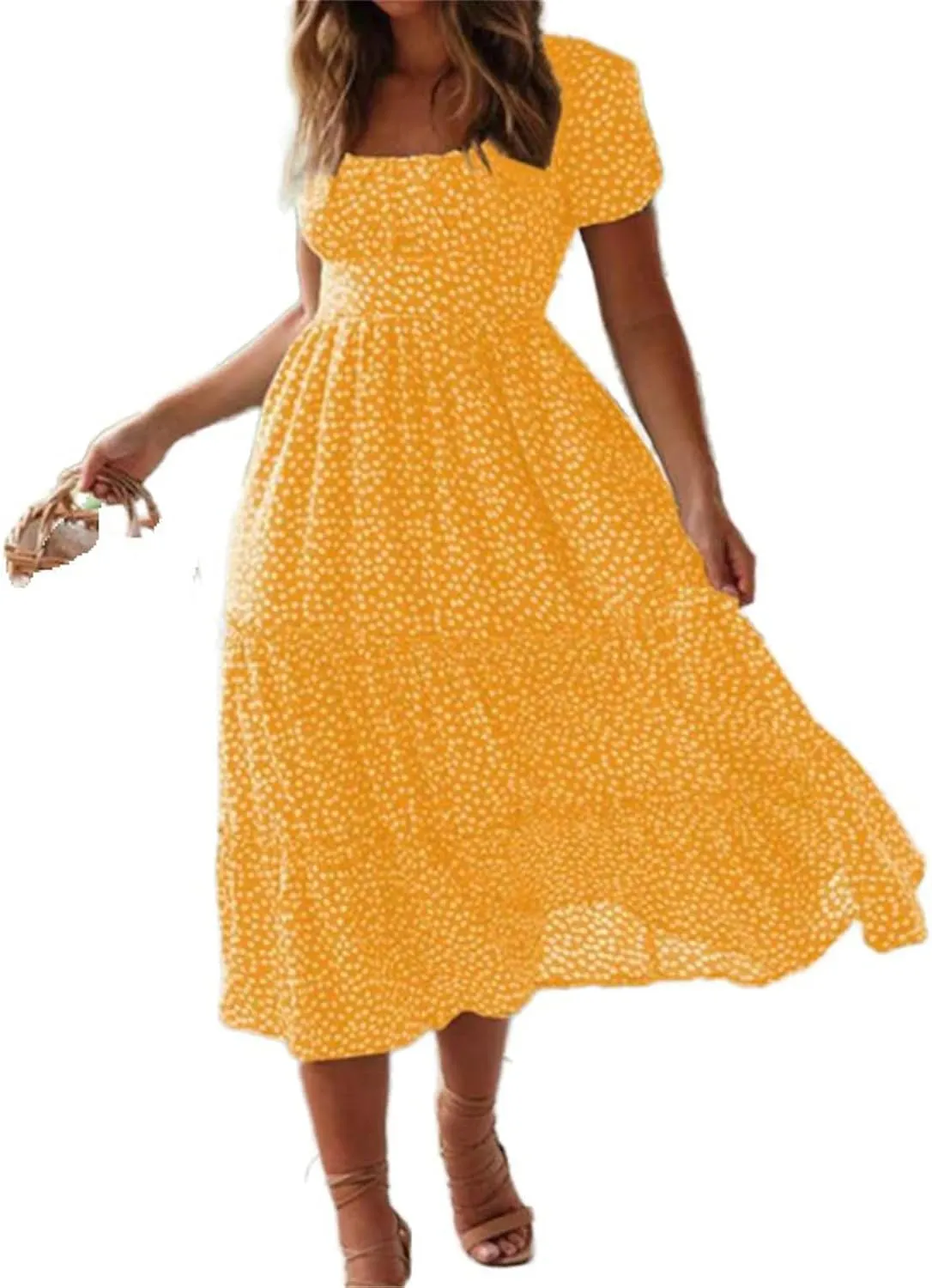 GUOYUXIAO Women's Vintage Dress Puff Sleeves Square Collar Skirt