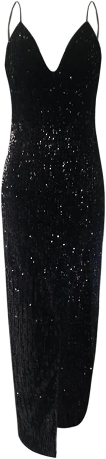 HGps8w Women's Sexy Halter Cowl Neck Sparkly Jumpsuits Clubwear Sleeveless Elegant Sequins Bodycon Wide Leg Pants Rompers