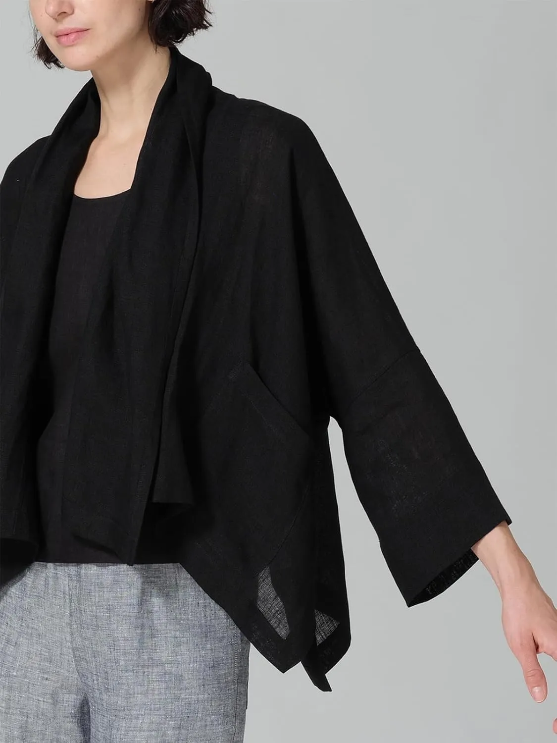IDEALSANXUN Linen Summer Cardigans for Women Lightweight 3/4 Sleeve Shrugs Blazer Jackets Kimono Dress Cover Up Tops