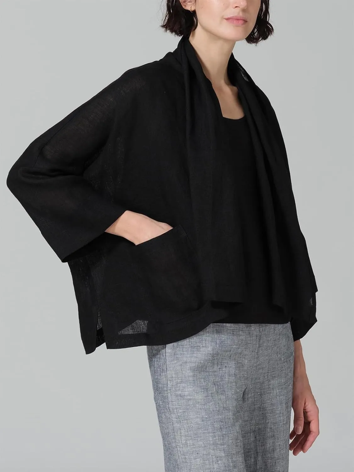 IDEALSANXUN Linen Summer Cardigans for Women Lightweight 3/4 Sleeve Shrugs Blazer Jackets Kimono Dress Cover Up Tops