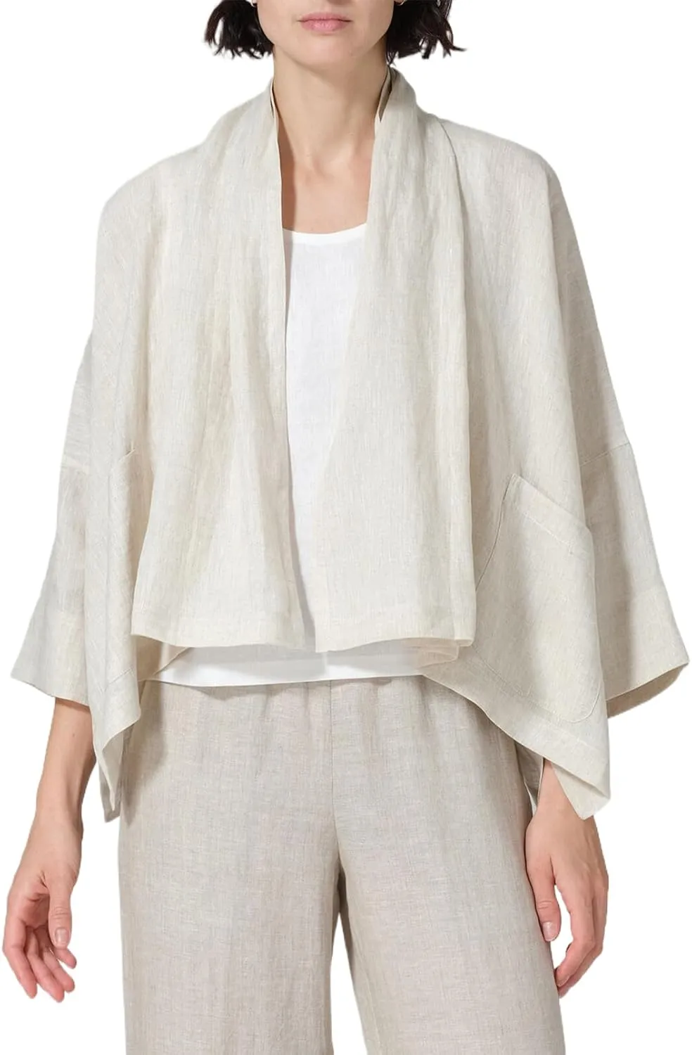 IDEALSANXUN Linen Summer Cardigans for Women Lightweight 3/4 Sleeve Shrugs Blazer Jackets Kimono Dress Cover Up Tops