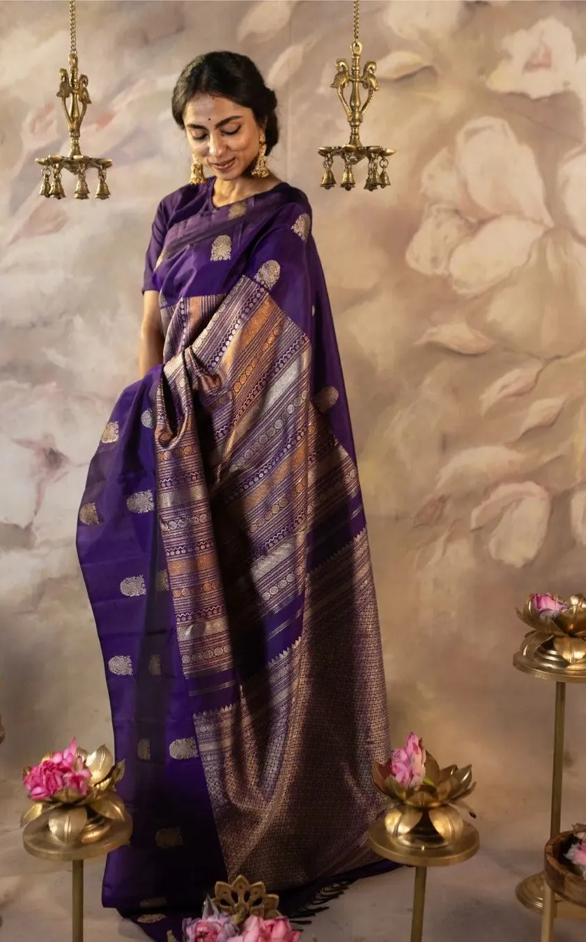 Impressive Purple Soft Silk Saree With Surpassing Blouse Piece