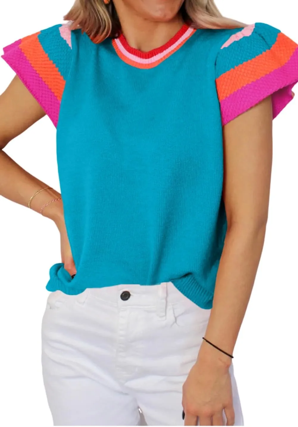 KevaMolly Womens Short Sleeve Sweaters Contrast Flutter Sleeves Knitted Sweater T Shirt Casual Pullover Tops