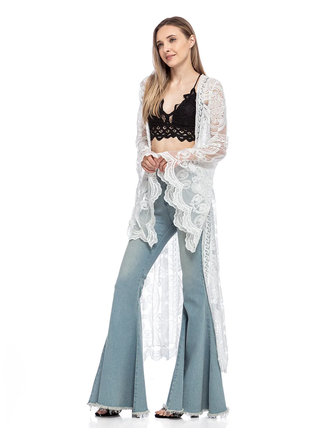 Lace Embroidered Kimono Swimsuit Cover-Up