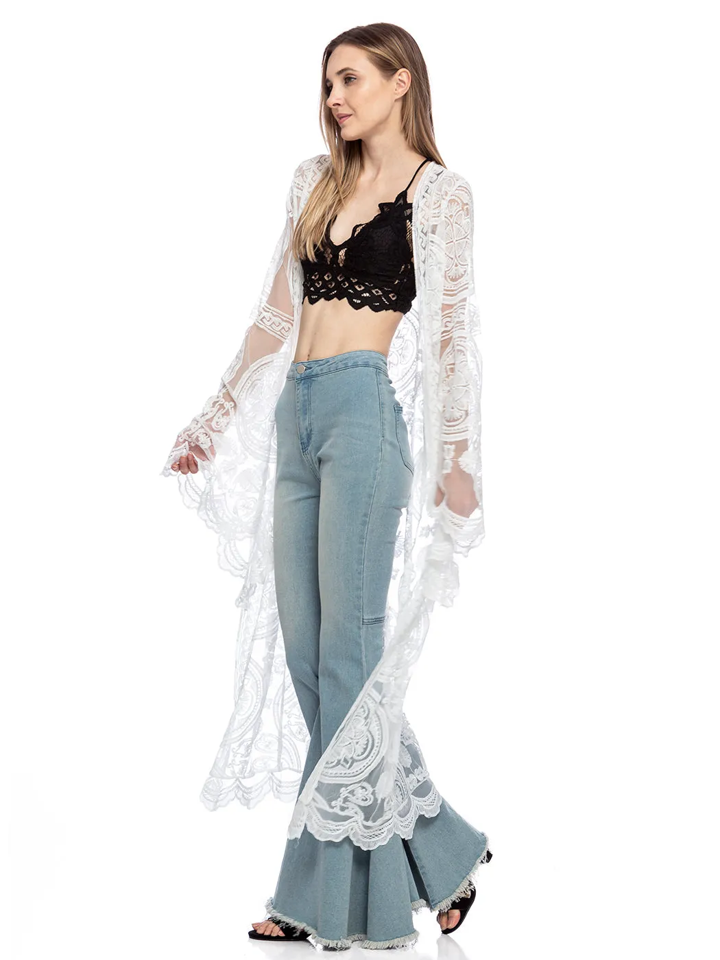 Lace Embroidered Kimono Swimsuit Cover-Up