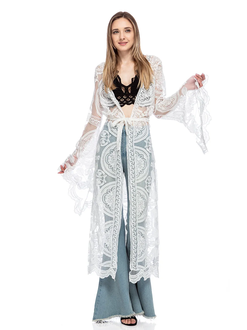Lace Embroidered Kimono Swimsuit Cover-Up