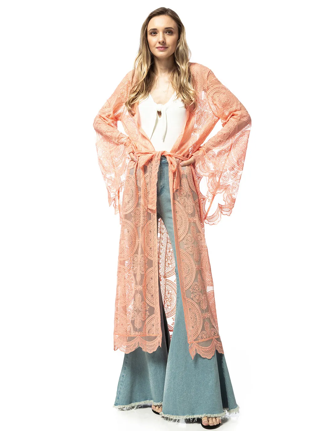 Lace Embroidered Kimono Swimsuit Cover-Up